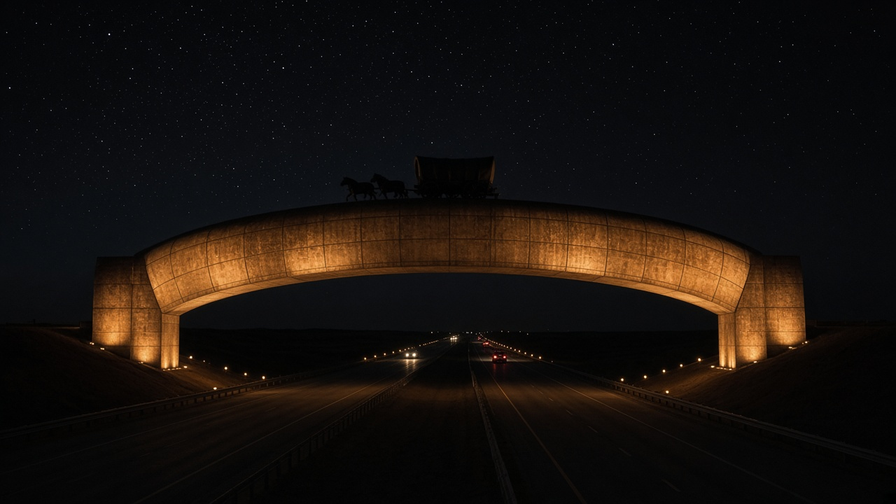 An illuminated archway above a highway at night